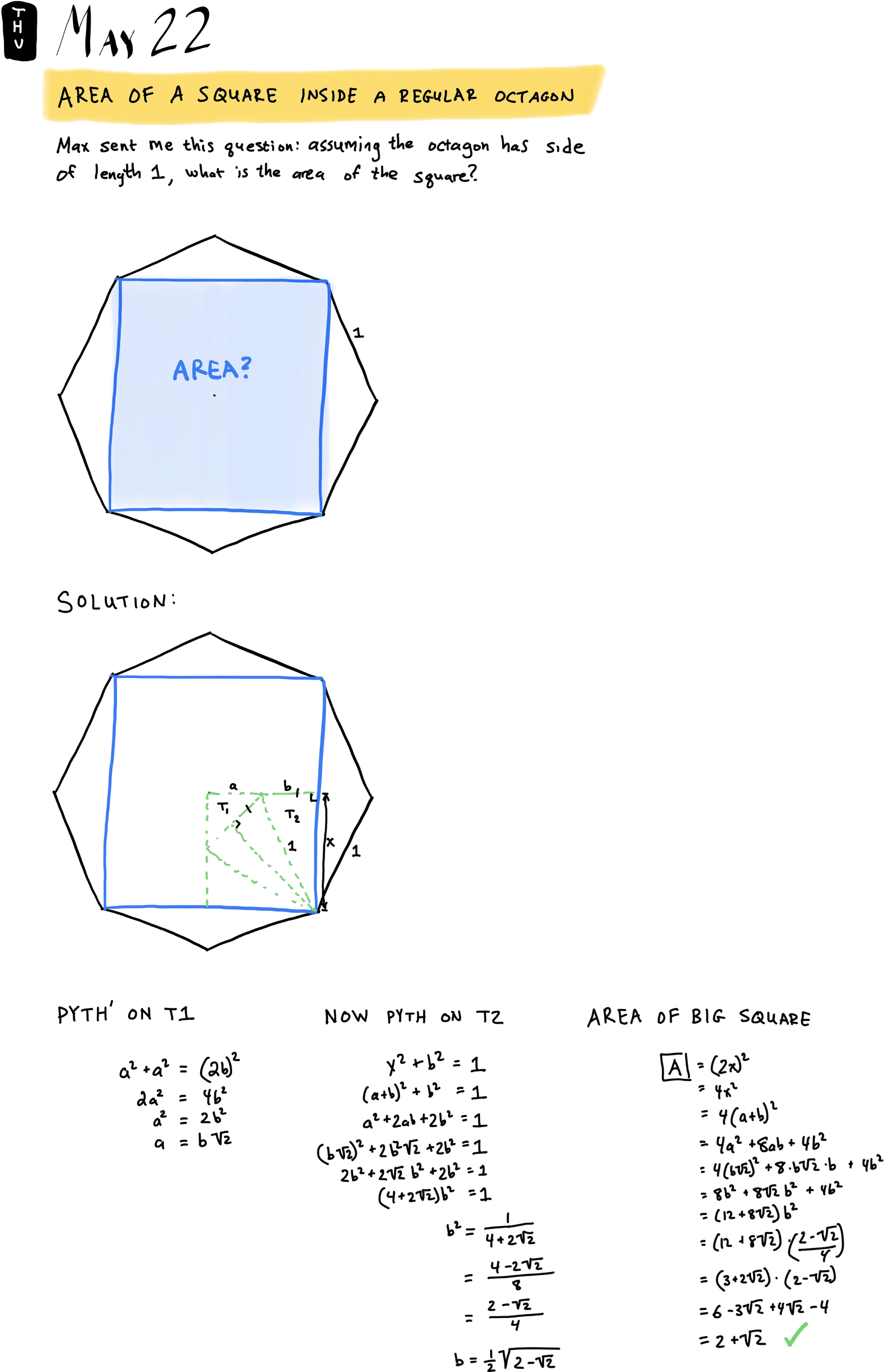 Area of a square inside a regular octagon